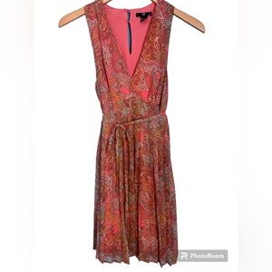 H&M Coral Pink Paisley Print Pleated V Neck Sleeveless Dress Size 6